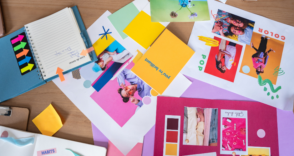 A creative mood board with color swatches, photos, and notes, illustrating the process of building a strong visual identity for a brand.