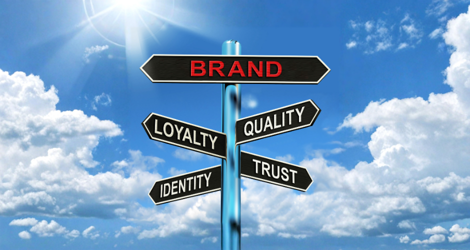 Directional signpost labeled brand, quality, trust, identity, and loyalty, representing the role of creative direction in successful brand campaigns.